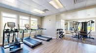 Located at 2901 Gandy Blvd N in Pinellas Park, Florida, this well-equipped fitness center offers a comprehensive workout environment across a single open floor. The space features light wood-look flooring throughout, neutral warm-gray walls, and a drop ceiling with integrated lighting panels that provide bright, even illumination. Large windows along multiple walls allow ample natural light to fill the room while offering views of the surrounding outdoor greenery.

The cardio zone is anchored by multiple treadmills positioned along the windowed wall, complemented by an elliptical trainer. A dedicated strength training area houses a multi-station cable machine suitable for a wide range of resistance exercises, while a dumbbell rack stocked with a full set of free weights and an adjustable workout bench provide additional options for strength training. Full-length wall mirrors are strategically placed to enhance the sense of space and allow users to monitor their form during workouts.

A functional training corner rounds out the facility, featuring wall-mounted exercise balls in multiple sizes, resistance bands, yoga mats, and a medicine ball rack. The open floor plan in the entry area provides ample room for stretching and bodyweight exercises. The space is accessible via clearly marked entry and exit doors and is well-ventilated with ceiling-mounted HVAC units throughout.