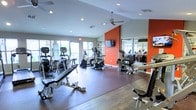 Located in Arlington, Texas, this fitness center offers a well-appointed workout space designed to support a wide range of exercise routines. The single-floor layout is open and functional, providing ample room to move between equipment without feeling cramped. A bold orange accent wall serves as a striking focal point, adding energy and vibrancy to the space, while large windows along the perimeter flood the room with natural light and offer views of the surrounding outdoors. A ceiling fan ensures comfortable air circulation during workouts. The flooring features a rich, dark hardwood-style surface that is both durable and visually appealing. Cardio equipment, including elliptical trainers, upright and recumbent stationary bikes, and other machines, lines the space to accommodate a variety of fitness preferences. Free weights and adjustable benches provide options for strength and resistance training. A wall-mounted flat-screen television adds entertainment for users during their sessions. Full-length mirrors on one wall expand the sense of space and allow for proper form checks during exercise. Recessed lighting throughout ensures the space is well-lit at all hours. Overall, the fitness center delivers a clean, motivating atmosphere suited for daily use.