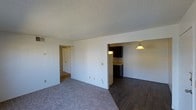 This single-floor space features an open-concept layout that connects the main living area to the kitchen, creating a functional and cohesive floor plan. The living area is finished with neutral-toned carpet, offering a comfortable and soft underfoot feel, while the flooring transitions to dark hardwood-style planks as you move toward the kitchen zone.

The kitchen is partially open to the main living space and is outfitted with dark cabinetry, a pendant light fixture that provides warm, focused lighting, and light-colored countertops that contrast the darker elements. A hallway visible from the main living area leads to additional rooms within the unit, suggesting a straightforward and practical layout.

Walls throughout are painted in a clean, neutral white, contributing to a bright and airy atmosphere. The textured popcorn ceiling adds a classic residential character to the space. Ceiling-mounted air vents indicate a centralized HVAC system. Overall, the space presents a clean, move-in ready environment with a simple, functional design aesthetic.