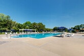 Located at 200 La Bonne Vie Dr in East Patchogue, NY, this outdoor aquatic facility is a well-appointed recreational complex designed for community leisure and activity. The centerpiece is a generously sized rectangular swimming pool with clearly marked lap lanes, framed by a broad concrete surround that accommodates an extensive arrangement of white lounge chairs and navy blue market umbrellas. A white pergola structure anchors one end of the pool deck, providing a shaded gathering spot that adds architectural character to the space. A separate, shallower circular splash pool with a water arc feature serves as a dedicated area for younger swimmers, complete with its own patio seating and umbrella-shaded lounge chairs on a paver deck. The complex is fully enclosed by black aluminum fencing with gated entry points, ensuring safety and defined access throughout. A single-story brick building at the entry provides support facilities, while manicured lawns and a dense backdrop of mature trees lend a natural, resort-like ambiance. The open-sky setting allows for abundant natural light across the entire deck, creating a bright and inviting atmosphere. A children's playground is also visible within the complex, rounding out the facility as a comprehensive outdoor recreation destination.