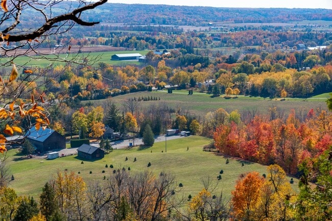Colorful autumn landscape with farms and rolling hills.