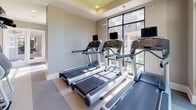 Located at 4451 Vilana Rd in Raleigh, NC, this fitness center is a comprehensive, single-floor facility designed to accommodate a wide range of workout needs. The space is organized into distinct functional zones that flow seamlessly into one another, creating an open and energizing environment. The architectural design features tray ceilings with gold accents, recessed lighting, and structural columns that define each area without interrupting the sense of openness. Durable, multi-tone rubber flooring extends throughout, providing both safety and a clean, professional aesthetic. Floor-to-ceiling windows line multiple walls, flooding the interior with natural light and offering views of the surrounding greenery and landscaping. The cardio section is well-appointed with multiple treadmills, stair climbers, stationary bikes—including spin cycles—and elliptical machines, many equipped with personal display screens. A dedicated strength and free weights area includes a full dumbbell rack, weight benches, and a multi-station cable machine. A separate functional training zone features TRX suspension straps, open floor space for bodyweight exercises, and large wall-mounted mirrors alongside flat-screen televisions. Instructional workout charts are posted throughout, supporting self-guided training sessions. The facility combines a modern design sensibility with practical, well-maintained equipment to serve a broad fitness community.
