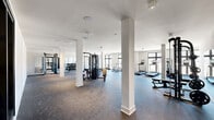 Located at 434 Springfield Ave in Berkeley Heights, NJ, this professionally appointed fitness center offers a generously sized, single-level exercise space designed for comprehensive training. The facility is organized into distinct functional zones, seamlessly connected by an open floor plan supported by white structural columns that add an architectural rhythm to the interior.

The main exercise area features durable rubber flooring and is equipped with multiple treadmills, stationary bikes, and elliptical machines, all positioned along large, black-framed windows that invite abundant natural light and provide open views of the surrounding streetscape. A dedicated strength training zone houses a multi-station cable machine, weight benches, and a full dumbbell rack, complemented by wall mirrors that enhance the sense of space. A separate functional training area includes a power rack, heavy bag, medicine balls, and kettlebells, ideal for high-intensity and cross-training workouts.

The facility is finished with crisp white walls and ceilings, recessed and surface-mounted lighting, and black-framed glass-paneled interior doors that lend a modern, clean aesthetic throughout. The layout offers ample open floor space between equipment zones, ensuring a comfortable and efficient training environment.