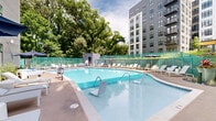 Located at 5919 N Kings Hwy in Alexandria, Virginia, this outdoor amenity space centers around a large, freeform swimming pool with crystal-clear turquoise water. The pool is equipped with accessible entry features, including a pool lift, and is framed by a spacious surrounding deck finished in warm-toned pavers and composite decking materials. The deck is furnished with numerous white lounge chairs and chaise lounges, providing ample space for sunbathing and relaxation throughout the area.

Multiple navy blue market umbrellas are positioned around the deck, offering shaded seating options alongside small side tables and casual lounge furniture groupings. A compact utility structure serves as a pool house or equipment shed, situated along the perimeter of the deck. The entire pool area is enclosed by a green-tinted security fence that provides both safety and a degree of privacy.

The space is set against a backdrop of mature, leafy trees that create a natural green canopy, enhancing the outdoor atmosphere. A modern, multi-story residential building with gray and brick-toned exterior cladding, large windows, and private balconies rises prominently adjacent to the pool area, defining the character of the overall complex.