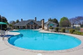 Located at 2350 Houston Lake Rd in Perry, Georgia, this outdoor amenity space offers a well-appointed recreational area designed for community use. The centerpiece is a generously sized freeform swimming pool with a smooth, curving design that gives it a resort-like aesthetic. The pool's clear turquoise water is complemented by a wide surrounding concrete deck, which provides ample space for lounging. Multiple seating areas are arranged around the pool, including shaded spots under green umbrellas and open sun-bathing areas with lounge chairs, making it suitable for a variety of outdoor activities.

Adjacent to the pool area are tennis courts enclosed by a chain-link fence and equipped with overhead lighting for evening play. A basketball hoop is also visible within the recreational zone, adding to the variety of activities available on-site.

A stone and wood-accented clubhouse structure anchors one end of the pool area. It features a prominent chimney, a pitched roof with exposed wood beams, and large glass doors that open directly to the pool deck. A covered patio area extends from the building, offering a shaded gathering space. Mature trees and landscaped greenery frame the perimeter of the complex, providing a natural backdrop. A two-story residential building with a wraparound balcony is also visible, overlooking the pool area and completing the community setting.
