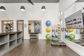 This modern fitness center is thoughtfully designed to accommodate a full range of workout activities across a single open floor. The space is divided into distinct functional zones, each purpose-built for a specific type of training. The cardio area features a lineup of TRUE-brand upright and recumbent bikes, treadmills, and elliptical machines, all positioned beside expansive floor-to-ceiling windows that invite generous natural light and offer views of the surrounding landscaped exterior. A dedicated strength training zone houses a multi-station cable machine and benches, set atop patterned blue-accent carpet that visually delineates the area. A central island countertop with open shelving provides convenient storage and organization at the heart of the space. The functional training area features hardwood-style flooring and is outfitted with a dumbbell rack, resistance bands, stability and medicine balls, yoga mats, and step platforms, alongside a large wall-mounted display screen for guided workouts. Full-length mirrors amplify the sense of space and assist with form. Dark pendant lights hang from the elevated ceilings, complemented by ceiling fans that maintain air circulation. The overall aesthetic is clean, contemporary, and bright, creating an energizing environment conducive to focused exercise.