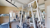 This fitness center is a compact yet fully functional exercise facility designed to support a well-rounded workout routine. The space is anchored by a large multi-station cable weight machine, offering a wide variety of strength training exercises, complemented by a treadmill, recumbent bike, and additional resistance equipment including a leg extension/curl machine. Carpet flooring in a neutral tone runs throughout, providing a practical surface underfoot.

Large windows along one wall flood the space with natural light and frame views of an outdoor pool and landscaped courtyard, creating an open, airy atmosphere despite the room's intimate scale. Vaulted ceilings in the windowed section add to the sense of openness. Full-length mirrors are strategically placed to visually expand the room and assist users in monitoring their form during workouts.

The warm beige walls are accented with framed fitness reference posters and anatomical charts, adding an informative and purposeful character to the space. A tall indoor ficus plant positioned in a corner near the window introduces a touch of greenery. The facility includes a separate entry door leading to an adjoining hallway, and posted exercise rules reinforce its shared, community-oriented nature. A textured ceiling completes the interior finish throughout.