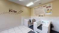 The Summerhill Pointe Pet Spa is a thoughtfully designed, single-level facility dedicated to the care and grooming of resident pets. The space features two built-in pet bathing stations equipped with attached hoses and non-slip rubber mat flooring, ensuring a safe and comfortable experience for pets of various sizes. Each station includes a step-up entry panel, making it accessible for both small and larger breeds.

The room is finished with classic white ceramic wall and floor tiles, lending a clean and hygienic aesthetic throughout. Warm beige painted walls above the tile wainscoting create an inviting atmosphere, accented by playful paw print decals and a bold "Spa" wall graphic. A large informational mural on the far wall outlines facility guidelines and usage instructions, keeping the space organized and user-friendly.

Overhead fluorescent lighting provides bright, even illumination across the entire room. Grooming supply shelves are conveniently positioned near the stations, offering easy access to essential products. The overall design balances practicality with a welcoming, pet-friendly ambiance, making it a standout amenity within the community.