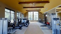 This fitness center is housed in a single-floor space defined by a striking vaulted ceiling adorned with rich, dark-stained exposed wood beams set against a warm golden-yellow upper ceiling — a design detail that adds architectural character and visual warmth to the room. The soaring ceiling height contributes to an open, airy atmosphere that makes the space feel expansive and inviting.

Natural light floods the interior through large, multi-pane windows that line multiple walls, offering views of mature trees and greenery beyond. A ceiling fan is centrally mounted beneath the peak of the vault, enhancing air circulation throughout the facility.

The cardio area is well-appointed with a row of elliptical trainers and upright exercise bikes, including Life Fitness branded equipment, all oriented toward the windows to allow exercisers to enjoy the outdoor views. Additional cardio options, including a rowing machine, are positioned along the perimeter.

Strength training is supported by a dedicated area along one wall, featuring a weight rack stocked with dumbbells and medicine balls, as well as a weight bench for free weight exercises. The flooring transitions between a neutral carpet area and a hard surface perimeter, providing functional zones for different workout activities. Overall, the space offers a clean, comfortable, and fully equipped environment for a comprehensive fitness routine.