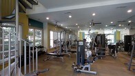 This fitness center offers a thorough and well-organized workout environment designed to accommodate a wide range of exercise routines. The space is outfitted with an extensive array of strength-training machines, including cable systems, weight stack machines, and multi-function units, alongside a full rack of dumbbells for free weight training. Ceiling fans are mounted throughout, complementing the recessed lighting to maintain a comfortable environment during workouts. Large windows along one wall invite generous natural light and offer views of the surrounding greenery, creating an open and energizing atmosphere. The walls feature accents of teal and yellow, adding a vibrant, motivating character to the space. Flooring consists of durable carpet tiles suited for a high-traffic exercise environment. The layout is thoughtfully arranged to allow users to move freely between equipment, with clear sightlines across the floor. A mirrored section toward the rear of the room enhances the sense of depth and allows for form-checking during training. Overall, this fitness center provides a functional, well-lit, and comprehensively equipped space for both strength and cardiovascular training.