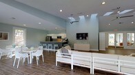 Located at 140 Ridgewood Dr in Raleigh, NC, this single-floor space presents a thoughtfully designed open-concept layout that seamlessly connects the living, dining, and kitchen areas into one cohesive environment. The interior is immediately striking thanks to its dramatically vaulted ceilings, which are punctuated by skylights that flood the space with natural light. A modern ceiling fan complements the airy atmosphere overhead.

The kitchen is well-appointed with white cabinetry, stainless steel appliances including a refrigerator and microwave, and a tile backsplash that adds a layer of texture. A dark-toned kitchen island with bar-height seating serves as a natural divider between the kitchen and the adjacent dining area, which features a contemporary white table and matching chairs.

The living area is furnished with clean-lined, white-framed sofas and chairs arranged around a wall-mounted flat-screen television, which is set against soft sage-green walls that lend a calm, refreshing tone throughout. Rich, dark wood-style flooring runs continuously across the space, grounding the bright furnishings and creating a warm contrast. Recessed lighting throughout ensures the space remains well-lit at any time of day. The overall ambiance is modern, open, and inviting.