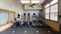 Located at 1245 E Prairie Brook Dr in Palatine, Illinois, this well-appointed fitness center offers a comprehensive workout environment designed to support a wide range of exercise routines. The space is housed on a single floor and features warm wood-trimmed windows and glass-paneled doors that allow abundant natural light to fill the room, creating an open and energizing atmosphere.

The main workout area is equipped with multiple treadmills and elliptical machines, each outfitted with individual digital display screens for tracking performance. A recumbent bike and additional cardio options round out the cardiovascular equipment selection. For strength training, the facility includes a multi-station cable machine and a dedicated free weights section with a full rack of dumbbells and weight benches.

Full-length mirrors line one wall, enhancing the sense of space and allowing users to monitor their form during exercise. The flooring throughout is durable rubber gym matting, ideal for high-impact activities. Overhead, a ceiling fan and recessed lighting ensure comfortable air circulation and consistent illumination. The warm, neutral color palette of the walls, paired with natural wood accents on windows and door frames, gives the space a polished yet welcoming character. This fitness center is a well-rounded facility suited for both cardio and strength training needs.