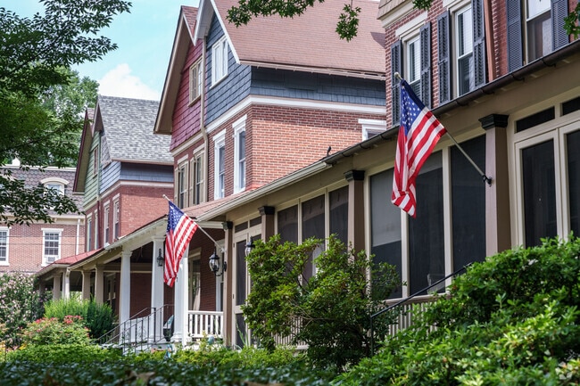 This row of twins show their patriotic colors along a street in West Chester.