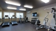 This fitness room is designed to provide a functional and comfortable workout environment. The space is finished with dark, rubberized flooring that offers durability and safety underfoot. Neutral beige walls and a dark ceiling create a focused atmosphere, while flush-mounted fluorescent light fixtures provide consistent, bright illumination throughout.

A row of windows along one wall allows natural light to filter in, adding an open feel to the space. A wall-mounted mini-split HVAC unit ensures climate control year-round, keeping the environment comfortable during any season.

The room is equipped with a variety of cardio machines, including a treadmill, an upright exercise bike, and an elliptical trainer or cross-trainer, offering users a range of cardiovascular workout options. A multi-tiered dumbbell rack stocked with a full range of free weights supports strength training needs. A flat-screen television is mounted on the wall, allowing users to stay entertained during workouts. Additional equipment is partially visible, suggesting the space is comprehensively outfitted for a well-rounded fitness routine.
