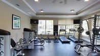 This fitness center offers a functional and well-organized workout space designed to support a range of exercise routines. The room features dark rubberized flooring ideal for supporting heavy equipment, and the walls are finished in a warm neutral tone complemented by elegant crown molding, giving the space a polished appearance.

Natural light filters in through multiple windows fitted with horizontal blinds, offering views of the surrounding greenery outside. The windows line the far wall, creating an airy and open atmosphere that enhances the workout environment. Recessed and flush-mount ceiling lighting provides additional illumination, ensuring the space remains well-lit at all times.

Equipment includes treadmills positioned along the windowed wall for an enjoyable view during cardio sessions, upright cycling bikes for low-impact training, and a multi-function strength training machine for resistance workouts. A wall-mounted flat-screen television is positioned for easy viewing from multiple stations.

The ceiling features subtle tray detailing with crown molding, adding an architectural refinement that elevates the overall ambiance. The space strikes a balance between practical functionality and comfortable design.
