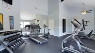 This fitness room is designed to support a well-rounded workout experience within a single-floor layout. The space is characterized by soaring vaulted ceilings that create an open, airy atmosphere, enhancing the sense of spaciousness throughout. Walls are painted in a soft blue-grey tone, divided by a white chair rail, lending the room a clean and calm aesthetic.

Large mirrors line the walls, visually expanding the space and allowing users to monitor their form during exercise. The dark rubberized flooring provides both durability and cushioning, making it well-suited for fitness use.

Cardio equipment is well-represented, with multiple treadmills, a stationary upright bike, and an elliptical trainer positioned throughout the room. A ceiling fan helps maintain airflow and comfort during workouts. Natural light filters in through a window visible in the mirrored reflection, contributing to the bright and welcoming environment. A wall-mounted panel, likely a workout station or accessory rack, adds further functionality to the space.