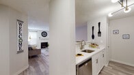 Located at 45 Valley Rd in Stamford, Connecticut, this single-floor residence offers a well-appointed layout designed for comfortable living. The open-concept living room serves as the heart of the home, featuring a tiled fireplace flanked by two windows that fill the space with natural light, wood-look flooring, and a textured ceiling. It flows seamlessly into the kitchen pass-through area, which includes a breakfast bar with seating. The galley-style kitchen is outfitted with white shaker cabinetry, quartz countertops, a stainless steel sink, dishwasher, gas range, microwave, and refrigerator, all illuminated by a modern multi-globe pendant light. Two bedrooms provide comfortable retreats, each with plush carpeting and generous windows — one featuring a sliding glass door with outdoor access. Both bathrooms are clean and functional: one with wood-look flooring, a white vanity, and a shower/tub combo, and the other with a tiled shower and crisp white finishes. The neutral color palette, updated fixtures, and consistent flooring throughout create a cohesive and modern ambiance across the entire residence.
