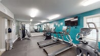 This single-floor fitness and business facility is designed to support a well-rounded wellness routine alongside everyday productivity needs. The main fitness area is immediately striking, featuring bold teal accent walls that contrast against neutral gray surfaces, large wall-mounted mirrors that amplify the sense of space, and durable rubber flooring throughout. Overhead fluorescent lighting ensures the room is well-lit at all times, complemented by natural light streaming in through multiple windows along the perimeter walls.

The cardio zone is generously outfitted with multiple TRUE brand treadmills, upright and recumbent stationary bikes, elliptical cross-trainers, and additional cardio equipment — all arranged to allow comfortable use and easy circulation. A large flat-screen television is mounted on the teal accent wall, providing entertainment during workouts. Strength training is also well-represented, with a Hoist multi-functional cable machine, an adjustable weight bench, and a full rack of dumbbells for free weight exercises. A medicine ball rack and exercise mats round out the functional training options.

Adjacent to the fitness room, a compact business center offers a built-in desk with a desktop computer, keyboard, and monitor, accented by a vibrant yellow chair and contemporary wall art, providing a convenient space for residents to handle daily tasks.