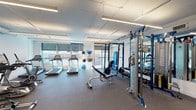 This fitness center offers a comprehensive workout environment designed to support a wide range of exercise routines. The space is organized across a single floor and is divided into distinct functional zones, each dedicated to a specific type of training.

The cardio area is positioned along a windowed wall fitted with roller shades, allowing ample natural light to filter in while maintaining privacy. Multiple treadmills face the windows, providing an open and airy feel during use. A collection of stability and medicine balls on a standing rack adds versatility to this zone.

Adjacent to the cardio area, a dedicated strength and resistance training section features a multi-functional cable and weight machine, a flat utility bench, and a full rack of dumbbells arranged along a mirrored wall. The mirrors enhance the sense of space and allow users to monitor their form during exercise.

A separate section of the fitness center houses additional cardio and low-impact equipment, including elliptical trainers and a stationary cycle. This area features a wall-mounted flat-screen television and is accented by a dark, textured feature wall, giving it a distinct and modern aesthetic.

Throughout, rubber flooring provides durability and safety, while suspended linear LED lighting ensures consistent, bright illumination. The clean white walls and modern finishes contribute to a professional and motivating atmosphere.
