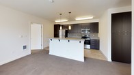 This single-floor unit offers a well-designed, open-concept layout that seamlessly connects the kitchen and living areas. The kitchen is a standout feature, appointed with dark espresso cabinetry that extends to the ceiling, providing ample storage. Stainless steel appliances — including a refrigerator, electric range, and built-in microwave — complement the granite countertops and tile backsplash. A peninsula with a granite surface, built-in sink, and pendant lighting above serves as both a functional workspace and a casual dining area with bar seating.

The unit includes two bathrooms. One features a granite-topped vanity with a dark cabinet base, a large mirror, and a separate glass-enclosed shower. The second bathroom offers a full soaking tub with a shower combo, finished with brushed nickel fixtures and tile flooring throughout both spaces.

The bedroom is carpeted and bathed in natural light from multiple windows fitted with horizontal blinds, offering pleasant views of mature trees. The living area also features neutral-toned carpet, creating a cohesive and comfortable feel throughout the unit. Flush and recessed lighting provide consistent illumination across all rooms. The overall aesthetic is clean and contemporary, with a neutral color palette that enhances the sense of openness and light throughout the space.