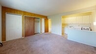 Located at 1446 Alphada Ave in Akron, Ohio, this single-floor unit offers a practical and functional layout designed for comfortable everyday living. The main living area is spacious and open, featuring neutral-toned carpet, light-painted walls, and a large window that allows natural light to fill the room. A wall-unit air conditioner provides climate control, and an entry door opens directly into this versatile space. Warm wood-paneled walls add a distinctive character to one side of the living area, which also features a generously sized sliding-door closet offering ample storage space. An additional door from the living area leads to a secondary room or hallway, adding to the unit's utility. The kitchen is open to the living space via a half-wall breakfast bar, creating a connected and social atmosphere. It is equipped with white cabinetry, a tile backsplash, a sink, and a gas range, along with tile flooring that contrasts with the carpeted living area. The bathroom is well-appointed with a full soaking tub and shower, a vanity with a countertop sink, a mirrored medicine cabinet, and tile flooring, providing a clean and functional space. Overall, the unit presents a straightforward and efficient floor plan suited for single occupancy or couples.