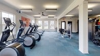 Located at 2325 Nashville Pike in Gallatin, Tennessee, this single-floor fitness center offers a comprehensive workout environment designed to accommodate a wide range of exercise needs. The space is organized into several interconnected zones, each dedicated to a specific type of training.

The cardio area is generously proportioned and lined with a row of treadmills, elliptical machines, and stair climbers. Large windows along the perimeter allow natural light to flow in and provide views of the surrounding outdoor landscape. Ceiling fans and recessed linear lighting ensure comfort and visibility throughout.

A dedicated strength and functional training zone features wall-mounted racks stocked with dumbbells, medicine balls, and stability balls, alongside TRX suspension systems and adjustable weight benches. Full-length wall mirrors amplify the sense of space and allow users to monitor their form. A wall-mounted flat-screen TV is also present for entertainment.

The open central floor area, finished in blue modular carpet tiles, provides ample room for stretching, group exercise, or functional movements. Structural columns with clean white trim define the layout while maintaining an open, airy atmosphere. Additional strength equipment, including a cable machine and stair climber stepper, rounds out the facility's offerings, making this a fully equipped destination for fitness in Gallatin.