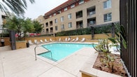 Located at 244 S El Molino Ave in the heart of Pasadena, California, this outdoor amenity space serves as a resort-inspired retreat nestled within a multi-story residential community. The centerpiece of the area is a generously sized swimming pool with clear blue water, framed by a wide, light-toned concrete deck that provides ample space for lounging and movement. Numerous white sling-style lounge chairs are arranged along the pool's perimeter, offering residents comfortable spots to relax and unwind.

The surrounding landscape is thoughtfully designed, featuring tall palm trees, tropical plantings including bird-of-paradise and broad-leafed shrubs, and layered greenery that adds a lush, California-inspired character to the space. A pergola structure provides a shaded gathering area near one end of the pool, enhancing the outdoor experience. Secured access gates with decorative metal screening provide both privacy and aesthetic detail at the entry points.

The space is enclosed by the warm stucco-clad facade of the multi-story building, whose balconies overlook the courtyard, creating a cohesive and private atmosphere. Views of Pasadena's skyline are visible beyond the rooftops, grounding the space within its vibrant urban setting.