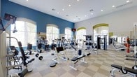 This fitness center is designed to offer a comprehensive workout experience in a spacious, well-appointed environment. The facility is characterized by its striking blue accent walls, crisp white ceilings, and large arched windows that allow abundant natural light to flood the interior, creating an energizing atmosphere for exercise.

The layout is thoughtfully organized to accommodate a wide variety of training styles. A dedicated free weights area features barbells, dumbbells, and weight benches, providing ample space for strength training. A full rack of dumbbells lines one wall, making it easy to access varying weights. The cardio section is equipped with multiple treadmills and elliptical machines positioned to take advantage of the natural light from the arched windows.

Mirrored walls along one side of the room enhance the sense of openness while allowing users to monitor their form during workouts. A cable and multi-station strength machine is available in a dedicated section, adding versatility to the training options. Recessed lighting throughout the ceiling supplements the natural light, ensuring the space remains bright at all hours.

The flooring features a checkered light-toned tile pattern, both functional and visually appealing. A mounted flat-screen television is positioned for easy viewing from multiple points in the room, adding to the overall user experience of this well-rounded fitness facility.