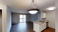 This single-floor space showcases an open-concept design that seamlessly connects the kitchen and living areas. The kitchen features white cabinetry, light stone countertops, and a peninsula island equipped with a stainless steel sink, providing both functional workspace and a natural divider between the cooking and living zones. A statement pendant light with a dark circular frame and bowl-shaped diffuser hangs above the kitchen area, serving as a focal point and providing ample illumination.

Dark hardwood flooring extends throughout the entire space, creating a cohesive and grounded aesthetic that contrasts cleanly with the light gray walls and white trim. The living area is generously proportioned, offering flexible arrangement possibilities. A sliding glass door along the far wall fills the space with natural light and provides direct access to an outdoor balcony, where views of surrounding greenery are visible. A baseboard heating unit is positioned beneath the sliding door, ensuring comfortable temperatures year-round. The overall ambiance is clean, modern, and well-lit, with a neutral palette that offers a versatile backdrop for a variety of interior styles.