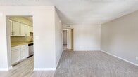 Located in Saint Petersburg, FL, this one-bedroom, one-bathroom residence offers a well-organized single-level layout designed for comfortable everyday living. The living room welcomes you at the entrance, featuring soft carpet flooring, neutral beige walls, a textured ceiling, and a window that brings in natural light with views of the surrounding area. Light wood-look flooring transitions the space toward the kitchen and dining areas. The galley-style kitchen is thoughtfully appointed with white cabinetry, neutral countertops, a stainless steel sink and dishwasher, and light wood-look flooring that keeps the space feeling bright and clean. Adjacent to the kitchen is a dedicated dining room and a pantry, offering practical storage for daily essentials. A hallway connects the main living areas to the private bedroom wing. The bedroom is generously sized, finished with plush carpet and neutral tones, and features built-in shelving alongside a walk-in closet with additional shelving for ample storage. The full bathroom includes a tiled shower-tub combination and clean white fixtures. Three closets throughout the unit provide excellent storage capacity, rounding out this efficiently designed and well-maintained residence.