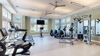 Located at 299 Colt Highway in Farmington, Connecticut, this fitness center offers a bright, thoughtfully designed single-floor workout space. The room is characterized by its elegant tray ceilings adorned with crown molding, dual ceiling fans, and suspended linear lighting that ensure both comfort and visibility throughout. Soft sage-green walls and a neutral, speckled rubber flooring create a clean, energizing environment.

Abundant natural light pours in through multiple sets of large, multi-pane windows along the perimeter walls, offering pleasant outdoor views of surrounding greenery. Wall-mounted flat-screen televisions are positioned throughout the space for entertainment during workouts.

The facility is comprehensively equipped with a wide range of cardio machines, including treadmills, ellipticals, stationary bikes, and rowing machines. A dedicated strength training area features a multi-functional cable machine, weight bench, plate-loaded rack, and medicine ball storage. A floor-length mirror along one wall enhances the sense of space and supports form-checking during exercise.

French doors with glass inserts connect the fitness area to an adjacent space, adding an open, airy feel. The overall ambiance is polished and welcoming, combining classic architectural finishes with a full suite of modern fitness equipment.