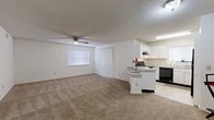 Located at 3909 Sunbeam Rd in Jacksonville, FL, this one-bedroom, one-bathroom unit offers a well-organized single-floor layout designed for comfortable everyday living. The open living area is carpeted and features a ceiling fan with light fixture and a textured ceiling, creating a bright and airy atmosphere. Natural light enters through blinds-equipped windows, enhancing the clean, neutral color palette found throughout the unit. The kitchen is efficiently designed with white cabinetry, granite-style countertops, a peninsula with breakfast bar seating, and black appliances including an electric range, dishwasher, and refrigerator. A double-basin sink sits beneath a window, and tile flooring completes the kitchen area. A hallway connects the main living spaces to the private bedroom, which is generously sized, carpeted, and equipped with its own ceiling fan and window. Two closets provide ample storage throughout the unit. The bathroom features a full tub-shower combination with tiled surround, a white vanity with granite-style countertop, a large mirror, and tile flooring. The overall design is clean, functional, and well-maintained, making this a practical and inviting living space.