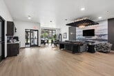 The LOT lobby encompasses 1,780 square feet on a single floor, designed to serve as a functional and welcoming residential amenity hub. The main hallway is finished with patterned carpet flooring, a drop tile ceiling with recessed lighting, and two-tone walls in navy and white. Wall art and a potted fiddle-leaf fig tree add a polished touch, while elevator access and glass-paned entry doors provide seamless connectivity. The lounge area features light hardwood-style flooring, a dramatic ceiling installation with a slatted wood accent and chandelier, a large landscape mural, a wall-mounted TV, a shuffleboard table, and additional seating areas with upholstered chairs and café-style tables. A built-in kitchenette with dark cabinetry, a bold blue hex-tile backsplash, a beverage refrigerator, and a full-size refrigerator serves the amenity lounge. The package and mail room includes a window with exterior views, industrial metal shelving for package storage, and a wall of individual resident mailboxes. Together, these spaces offer a cohesive, modern aesthetic suited for everyday resident use.