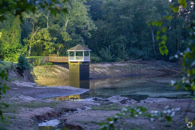 Lakewood Park features a small waterfall and viewing tower.