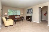 This single-floor residence in Troy, Michigan offers a practical and comfortable layout across several well-defined living areas. The dining area is a standout space, featuring rich hardwood-style flooring that contrasts with the neutral warm-toned walls. A ceiling fan overhead and vertical blinds along a sliding glass door allow for adjustable light and airflow, while a wall-mounted air conditioning unit provides additional climate control. The open connection to adjacent areas gives this zone a spacious, welcoming feel.

The living room is finished with plush carpeting and neutral walls, creating a relaxed atmosphere. A large window dressed with vertical blinds invites generous natural light and outdoor views of surrounding greenery, making the room feel bright and airy.

The kitchen is efficiently designed with white cabinetry, granite-look countertops, and white appliances including a range and refrigerator. The hardwood-style flooring continues here, tying the space together with a clean, cohesive look.

The bedroom is generously proportioned, featuring soft carpeting, neutral walls, and a window that allows ample natural light. A wall-mounted air conditioning unit and baseboard heating provide year-round comfort. The room offers enough space for full-sized furniture with ease.