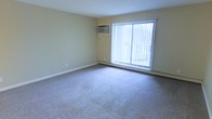 This single-floor space offers a clean and functional layout designed for comfortable everyday living. The main living area is notable for its generous proportions, featuring soft, neutral-toned wall-to-wall carpeting that adds warmth underfoot. A large sliding glass door with vertical blinds serves as a focal point of the room, flooding the interior with abundant natural light and providing direct access to an outdoor area, enhancing the sense of openness. The light yellow-toned walls contribute to the bright and airy atmosphere throughout. Climate control is conveniently handled by a wall-mounted air conditioning unit positioned near the window, complemented by baseboard heating along the exterior wall — ensuring year-round comfort. White baseboards provide a clean finish where the walls meet the flooring, adding a crisp, tidy appearance to the space. The room's simple, uncluttered design makes it highly versatile and easy to furnish to a variety of tastes. Overall, the space presents a practical and welcoming environment with ample natural light, efficient climate systems, and a neutral palette that provides a solid foundation for personalization.