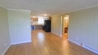 This single-floor space offers a straightforward, open layout that combines the living area and kitchen in one cohesive space. The flooring throughout is light-toned hardwood, which lends warmth and continuity across the main living area. Walls are finished in a soft, neutral green-gray tone, complemented by clean white baseboards and crown molding that add a subtle architectural detail.

The kitchen is positioned at the far end of the open space and is equipped with black appliances, including a full-size refrigerator and dishwasher. Medium-toned wooden cabinetry lines the walls, providing ample storage, while a window above the sink allows natural light to filter into the cooking area. A countertop peninsula extends the workspace and helps define the kitchen zone within the open floor plan.

Ceiling-mounted light fixtures provide overhead illumination throughout the main space. A doorway visible along the right wall leads to an adjoining room, which appears to contain additional cabinetry and a sink, suggesting a bathroom or utility space. Overall, the space presents a clean, functional environment with a practical layout.