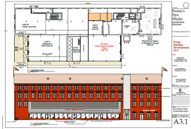 Elevación frontal junto con plano de planta modelo - Footer Building