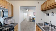 Located at 1815 Deming Dr in Mount Pleasant, Michigan, this single-floor unit offers three bedrooms, two bathrooms, and a practical layout designed for comfortable everyday living. The entry opens directly into the kitchen, which features warm oak cabinetry, dark countertops, wood-style flooring, and black appliances including a range, dishwasher, and refrigerator. A wide pass-through connects the kitchen to the carpeted living room, which is highlighted by a ceiling fan, neutral white walls, and a window that brings in natural light. The bedrooms are each carpeted and feature built-in closets with shelving, providing useful storage. The primary bedroom is a comfortable size and connects conveniently to a hallway shared with additional rooms. A second bedroom includes a window with an outdoor view and access to a private en-suite bathroom with a stand-up shower. The bathrooms are clean and functional — one features a tub-shower combination with a window above, and patterned tile flooring. Three closets are distributed throughout the unit, maximizing storage. The overall aesthetic is clean and simple, with white walls, neutral carpeting, and consistent finishes throughout, making it a practical and well-organized living space.