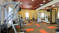 This fitness center offers a comprehensive workout environment designed to accommodate a variety of exercise routines. The space is outfitted with an extensive selection of strength training machines, including multi-station cable systems and a full line of resistance equipment from Hoist, catering to both upper and lower body workouts. A dedicated free weights section features a tiered dumbbell rack with a broad range of weight options, accompanied by adjustable benches for versatile training. The flooring features a distinctive combination of patterned carpet and vibrant orange exercise mats, defining different workout zones throughout the space. Recessed lighting is embedded in the rich, dark-toned ceiling, providing bright and even illumination across the room. Large wall-mounted mirrors extend along one side of the facility, enhancing the sense of openness and allowing members to monitor their form during exercise. Natural light filters in through windows along the wall, contributing to an energizing atmosphere. A ceiling fan adds to the comfort of the space during intense workout sessions. The overall design balances functionality with an inviting ambiance, making this fitness center a well-rounded destination for achieving a variety of health and fitness goals.