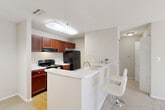 Located in Kennesaw, GA, this well-appointed one-bedroom, one-bathroom residence offers a comfortable and functional layout across a single floor. The kitchen is equipped with rich cherry wood cabinetry, black appliances including a range, refrigerator, and dishwasher, and light hardwood-style flooring. It opens seamlessly to a peninsula breakfast bar with seating, creating a natural connection to the living area. The living room is carpeted and centers around a classic tile-surround fireplace, adding warmth and character to the space. Sliding glass doors lead to a private balcony with outdoor views, filling the room with natural light. The bedroom is generously sized with plush carpeting, a ceiling fan with light fixture, a natural light window, and a walk-in closet with built-in shelving. The bathroom features a full-size soaking tub and shower combo with a clean white surround, complemented by a vanity with a stone-look countertop. A dedicated in-unit laundry area accommodates a full-sized washer and dryer side by side. Neutral tones throughout the residence create a bright, cohesive ambiance well-suited for comfortable everyday living.