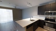 This single-floor space showcases a clean, modern aesthetic with an open-concept layout that seamlessly connects the kitchen and living area. The kitchen is a standout feature, outfitted with rich dark cabinetry that provides ample storage and creates a striking contrast against the bright quartz-style countertops. A peninsula with an undermount stainless steel sink and a sleek pull-down faucet extends into the space, offering both functionality and a natural boundary between the kitchen and living area. Track lighting overhead illuminates the workspace with precision. The living area, visible beyond the kitchen peninsula, continues the contemporary feel with neutral gray walls and durable wood-look flooring that runs throughout the space. A ceiling fan is installed in the living area, adding both practicality and a finishing touch to the room. Natural light filters in through a window in the living area, enhancing the open and airy atmosphere. The overall ambiance is fresh, clean, and well-designed, making excellent use of the available footprint while maintaining a cohesive, modern style from one end of the space to the other.