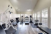 Located at 4208 W Pioneer Dr in Irving, TX, this fitness center is a well-equipped, single-room facility designed to support a comprehensive workout experience. The space features soaring vaulted ceilings that lend an open, airy feel, while large multi-pane windows line the walls, flooding the interior with abundant natural light and offering pleasant views of the surrounding outdoor greenery.

The flooring consists of durable hardwood-style planks throughout, with protective rubber mats placed beneath equipment stations. The fitness center is thoughtfully organized to accommodate a variety of workout modalities. Cardio equipment includes a treadmill, elliptical trainer, and stationary cycle, all positioned along the windowed wall to take advantage of the natural light and outdoor views.

The strength training area features a tiered dumbbell rack stocked with a full range of free weights, an adjustable weight bench, and multiple cable-based resistance machines by Holt, enabling a wide variety of strength and conditioning exercises. Additional functional training equipment rounds out the selection.

The neutral, light-toned walls and clean layout create a calm, focused environment. Posted fitness center rules and a mounted fire extinguisher reflect attention to safety. A doorway leads to an adjacent utility area, completing this compact but fully functional community fitness facility.