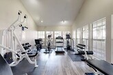 Located at 4208 W Pioneer Dr in Irving, TX, this fitness center is a well-equipped, single-room facility designed to support a comprehensive workout experience. The space features soaring vaulted ceilings that lend an open, airy feel, while large multi-pane windows line the walls, flooding the interior with abundant natural light and offering pleasant views of the surrounding outdoor greenery.

The flooring consists of durable hardwood-style planks throughout, with protective rubber mats placed beneath equipment stations. The fitness center is thoughtfully organized to accommodate a variety of workout modalities. Cardio equipment includes a treadmill, elliptical trainer, and stationary cycle, all positioned along the windowed wall to take advantage of the natural light and outdoor views.

The strength training area features a tiered dumbbell rack stocked with a full range of free weights, an adjustable weight bench, and multiple cable-based resistance machines by Holt, enabling a wide variety of strength and conditioning exercises. Additional functional training equipment rounds out the selection.

The neutral, light-toned walls and clean layout create a calm, focused environment. Posted fitness center rules and a mounted fire extinguisher reflect attention to safety. A doorway leads to an adjacent utility area, completing this compact but fully functional community fitness facility.