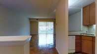 This single-floor space offers a straightforward and functional layout designed for comfortable everyday living. The main living area is anchored by rich, dark tile flooring that reflects natural light pouring in through a large sliding glass door fitted with vertical blinds. The full-length glass door not only brightens the interior considerably but also provides direct views to the outdoors, creating a seamless connection between inside and outside.

The open floor plan allows the living space to flow naturally into the kitchen area, which is partially separated by a structural column and a partial wall. The kitchen is equipped with a dishwasher and features granite or stone-look countertops, offering a practical workspace. A white countertop peninsula or bar element on the opposite side adds additional surface area and further defines the transition between the kitchen and living zones.

The walls are finished in a neutral beige tone throughout, contributing to a calm and cohesive ambiance. Ceiling-mounted HVAC vents are visible, ensuring climate control across the space. The overall design is clean and utilitarian, making the space adaptable for a variety of uses. Natural light is a defining feature, with the large glazed door serving as the primary source of brightness and openness throughout the interior.
