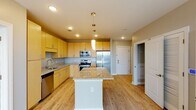 Located at 1709 Cresthill Ave in Royal Oak, Michigan, this single-floor residence offers a thoughtfully designed layout with modern finishes and an open, airy feel throughout. The kitchen serves as a central highlight, featuring warm honey-toned cabinetry, granite countertops, a large center island with pendant lighting, and a full suite of stainless steel appliances including a refrigerator, range, microwave, and dishwasher. Light hardwood flooring runs throughout the main living areas, enhancing the bright and welcoming atmosphere. The living area is generously proportioned, with floor-to-ceiling sliding glass doors that open to a balcony overlooking the Royal Oak cityscape, allowing abundant natural light to fill the space. The bedroom is carpeted for comfort and features a large window with sweeping urban views. A spacious walk-in closet with built-in wire shelving provides ample storage. The primary bathroom is well-appointed with a dual-sink granite vanity, light wood cabinetry, and a tiled walk-in shower with modern fixtures. A secondary bathroom mirrors the same refined aesthetic. Neutral gray tones on the walls complement the light flooring and finishes, creating a cohesive and contemporary living environment throughout the residence.