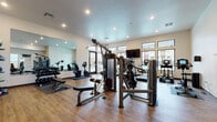This single-floor amenity facility at 12000 West Fairview Avenue in Boise, Idaho, features a fully equipped fitness center alongside a dedicated children's play area. The fitness center is bright and open, with large windows along multiple walls that invite ample natural light and provide views of the surrounding community. Durable wood-look flooring runs throughout, complementing the clean, modern aesthetic of the space. Large wall-mounted mirrors enhance the sense of openness and allow for easy form-checking during workouts.

The cardio zone is outfitted with multiple TRUE-brand treadmills, ellipticals, and stationary bikes, all positioned to face a wall-mounted flat-screen television. The strength training area includes a multi-function cable machine, a full dumbbell rack, a weight bench, medicine balls, kettlebells, and foam rollers, providing a thorough range of free-weight and resistance training options. A TRX suspension system further expands functional training possibilities.

Adjacent to the fitness center is a charming children's play area, featuring a whimsical indoor playhouse with siding, arched windows, and a gabled roofline. A sky-themed mural on the ceiling adds to the imaginative atmosphere. The two areas are visually connected through large glass windows, allowing caregivers to supervise children while exercising. The overall facility is well-maintained, thoughtfully designed, and caters to a variety of fitness and family needs.