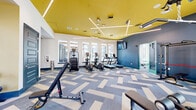 This contemporary fitness center spans a single floor and is divided into two distinct exercise rooms, offering a well-rounded environment for a variety of workout routines. The main exercise room makes a bold visual statement with its striking navy blue walls, vivid yellow ceiling, and a geometric arrangement of suspended linear LED lighting that creates a dynamic, energizing atmosphere. Soaring ceilings and tall windows allow generous natural light to pour in, providing views of the surrounding community. The room is comprehensively equipped with stair climbers, ellipticals, treadmills, a cable machine, a power rack with free weights, a dumbbell rack, and wall-mounted TVs. The patterned carpet tile flooring in blue and tan tones adds texture and visual interest throughout. The secondary exercise room offers a calmer, more versatile setting, with teal-painted walls and ceiling, natural light from large windows, and a dedicated space for functional training. It is furnished with stability balls, resistance bands, kettlebells, a rowing machine, and a spin bike, making it ideal for low-impact and flexibility-focused workouts. A doorway connects the two rooms seamlessly, creating a cohesive and fully functional fitness facility designed to accommodate a wide range of exercise needs.
