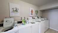This shared laundry room offers a practical and tidy space designed to accommodate residents' laundry needs with ease. The room features a row of modern top-loading washing machines lined up along the wall, each equipped with digital controls for convenient use. A coin-operated or card-based payment terminal is positioned at the entrance, streamlining the process for users. The machines are kept in clean, well-maintained condition, reflecting attentive upkeep of the facility. The light-colored walls contribute to a bright and open atmosphere, while a large mirror on one wall helps to enhance the sense of space. Adding a touch of personality to the utilitarian setting, three framed art prints are displayed above the machines — featuring whimsical and colorful designs, including a playful robot illustration, a nature-inspired scene, and a botanical-themed print. The overall ambiance is clean, functional, and cheerful, making routine laundry tasks a more pleasant experience. The space is thoughtfully arranged to allow comfortable movement between machines, ensuring accessibility and ease of use for all residents.