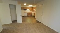 This single-floor residential unit offers a practical and functional layout designed for comfortable everyday living. The space features an open-concept design that seamlessly connects the living area to the kitchen, creating a cohesive and easy-to-navigate floor plan.

The kitchen is well-equipped with warm-toned wooden cabinetry that provides ample storage, a white dishwasher, electric range, and refrigerator. A built-in ventilation hood sits above the range, and the countertops offer generous workspace. The kitchen is finished with hardwood-style flooring that adds a clean, durable surface underfoot.

Transitioning into the living area, the flooring shifts to plush wall-to-wall carpeting, lending a cozy and comfortable feel to the space. The open layout allows for flexible furniture arrangement to suit various living needs. A built-in closet with visible shelving and hanging space is conveniently positioned near the living area, offering practical storage solutions. Overhead lighting illuminates both the kitchen and living areas, keeping the space bright and welcoming. A secondary door, likely leading to an exterior exit or utility area, is also present, adding to the unit's overall convenience and accessibility.